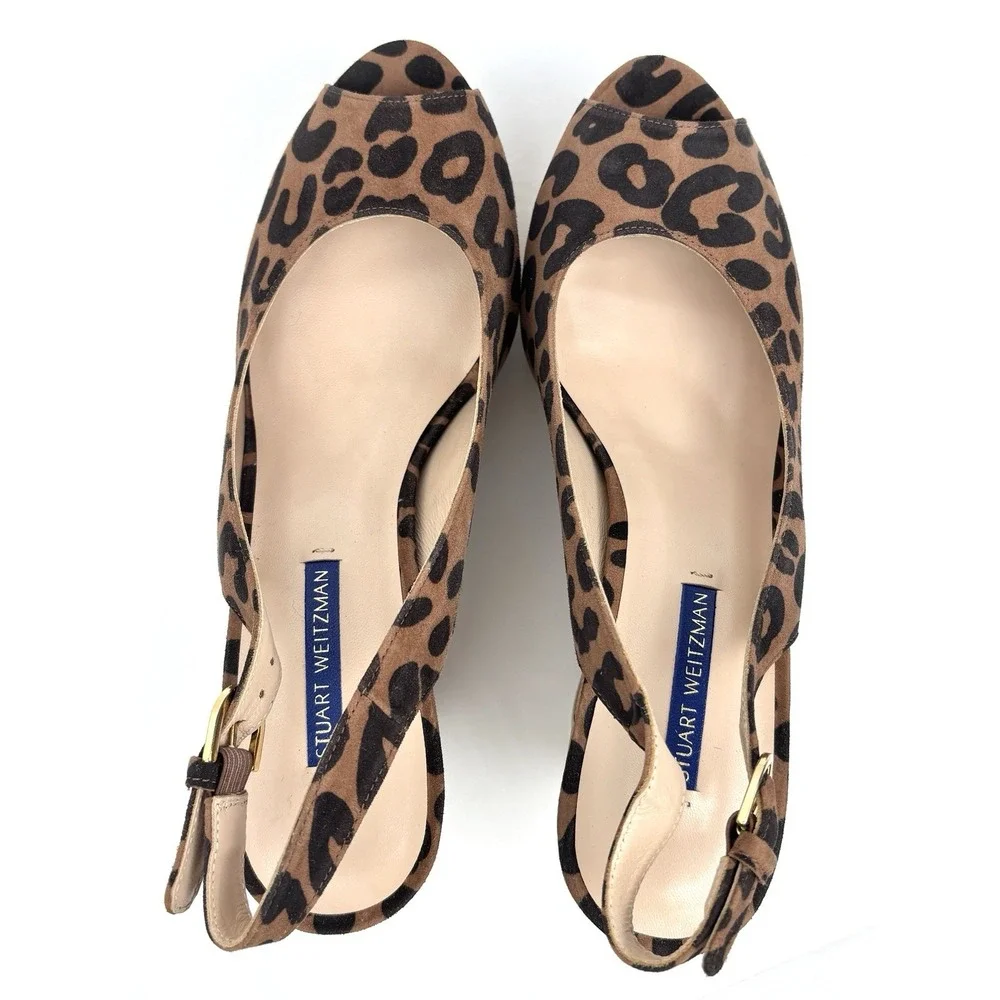 Stuart Weitzman Jean Leopard Cork Slingback Peep Toe Wedge Platform Sandals 8.5M